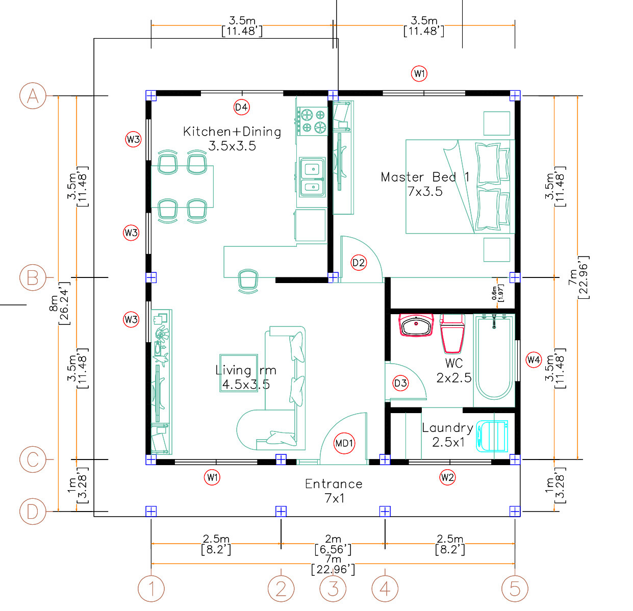 23×26 Feet Tiny House Plans 7×8 Meter 1 Bed 1 Bath Hip Roof PDF (A4 Hard Copy)