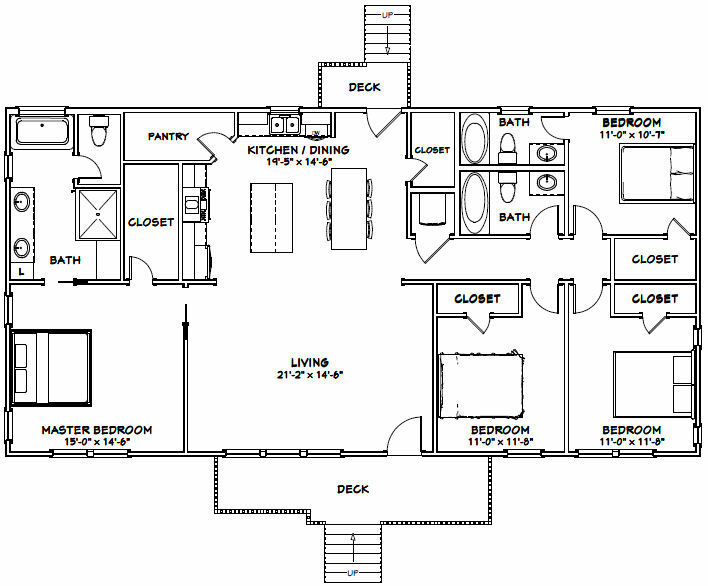 60×30 House — 4 bedroom 3 Bath — 1,800 sqft — PDF Floor Plan — Model 4A