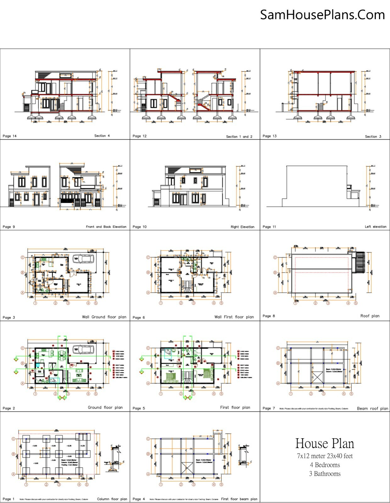 23×40 Feet Small House Plan 7×12 Meter 4 Beds 3 Baths Flat Roof (A4 Hard Copy)