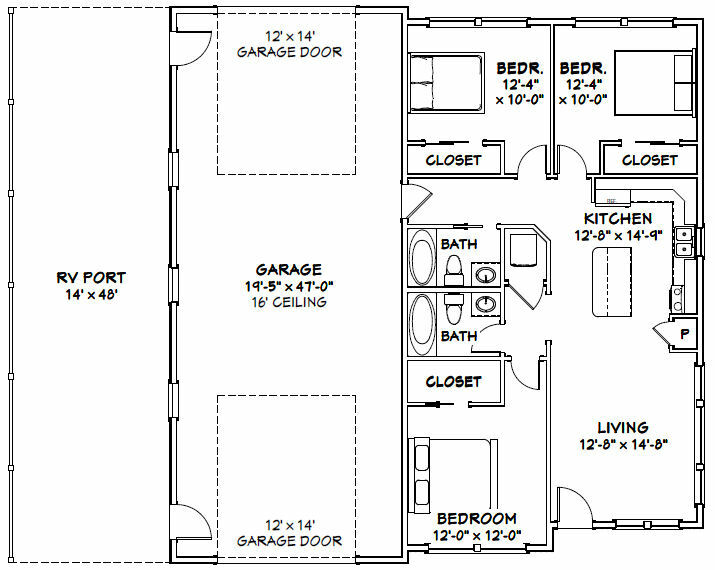 46×48 House – 3 Bedroom 2 Bath 1 RV – 1,157 sqft – PDF Floor Plan – Model 4A