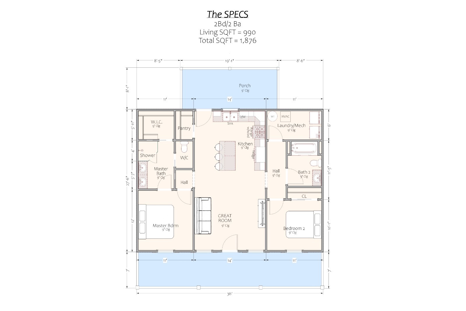 Modern Cabin Plan – 990 Sqft (Living) – 2bed-2 bath