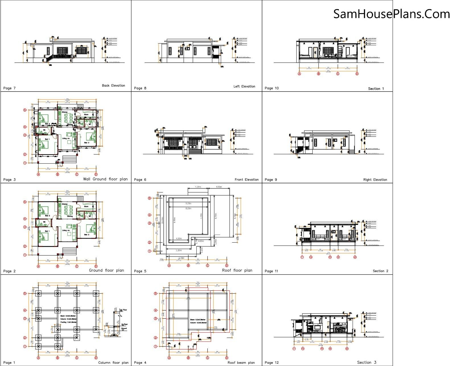 House Plan Drawing 12×11 Meter 39×36 Feet 3 Bedrooms PDF Plan (A4 Hard Copy)