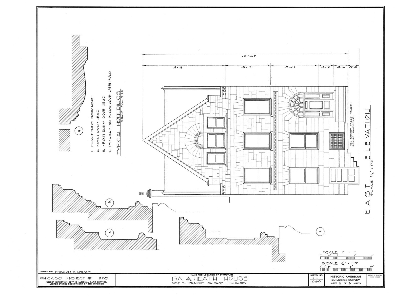 narrow lot Romanesque style home, architectural drawings, stone details