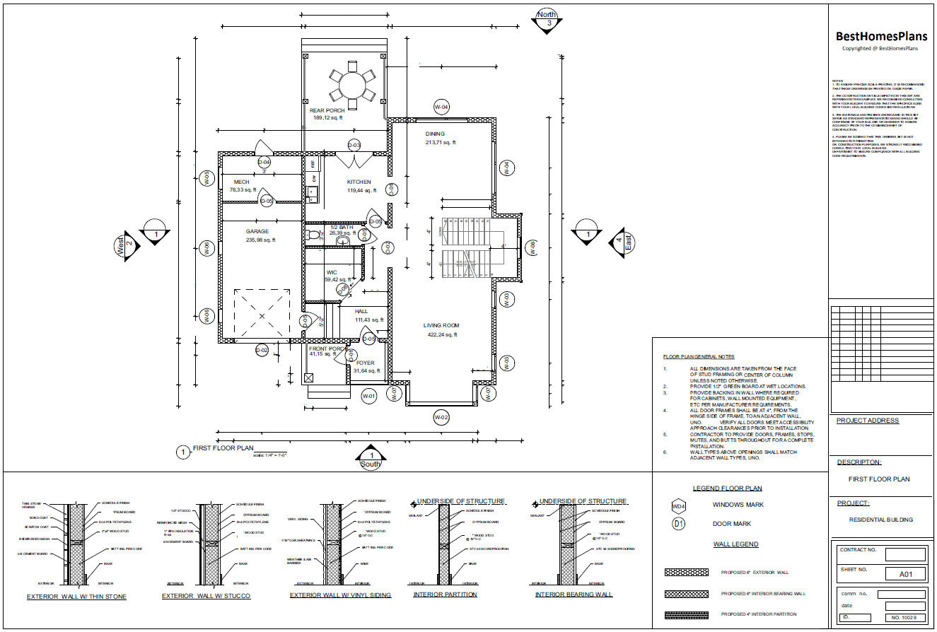 45’x52’ 3 Bed, 2 Bath Modern Cottage Architectural Build Plans PDF Download.