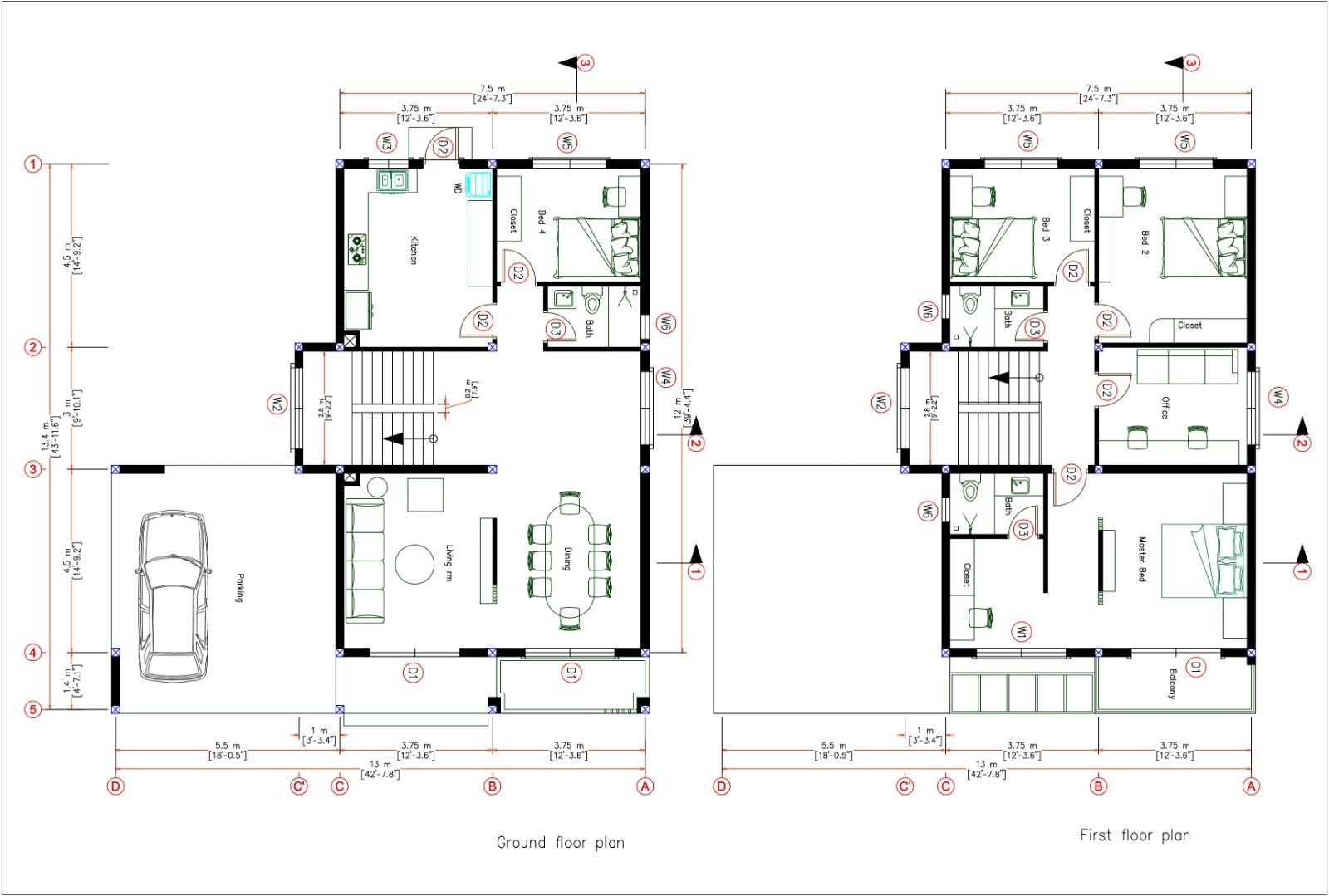 43×40 Feet House Plan 13×13.4 Meter 4 Beds 3 Bath CAD, PDF Files & A4 Hard Copy