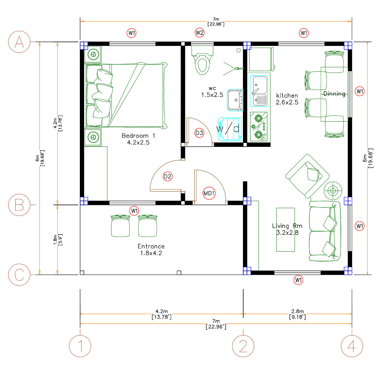 23×20 Feet Tiny House Plans 7×6 Meter One Bedroom Gable Roof Full Plan Hard Copy