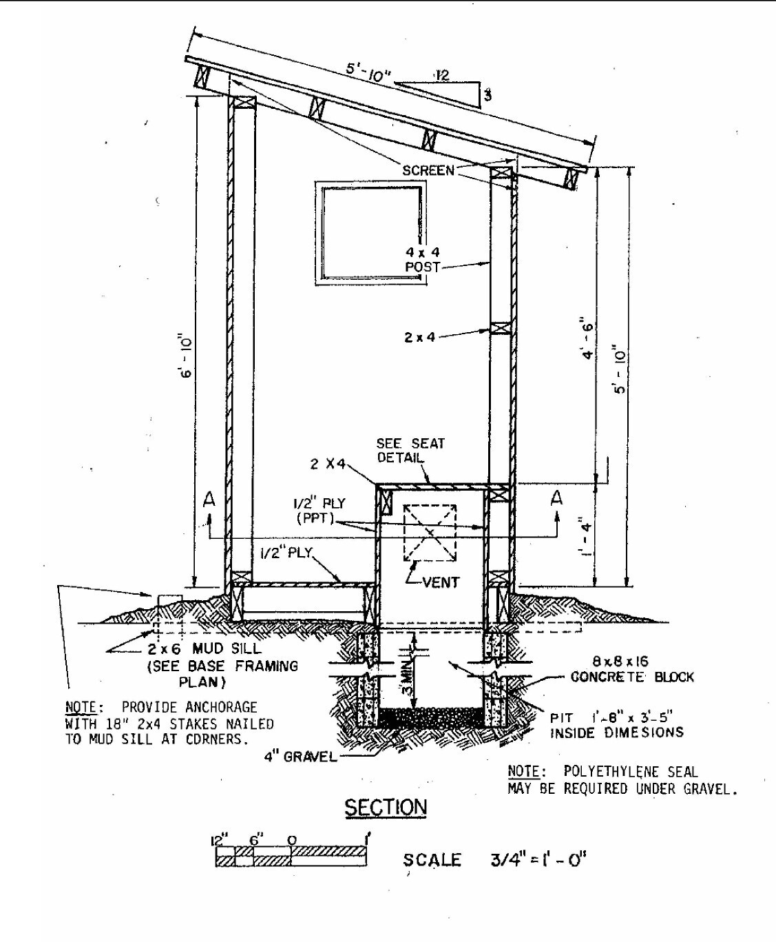 4×4’ Outhouse Wood Construction Plans – Floor Plan, Framing Plan, Section