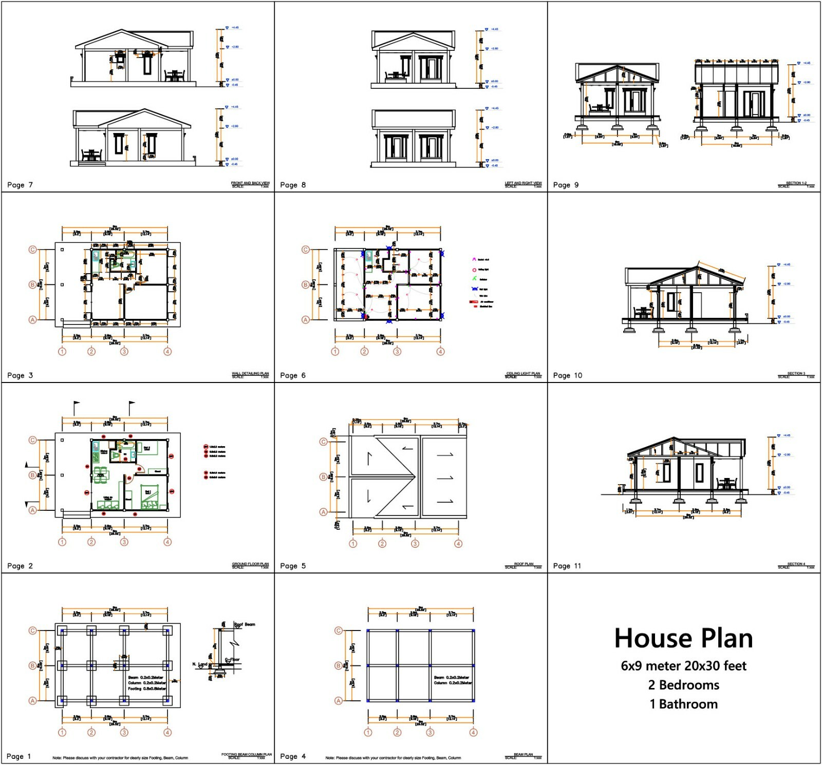Small Cottage Designs 9×6 Meter 30×20 Feet 2 Beds Gable Roof PDF (A4 Hard Copy)