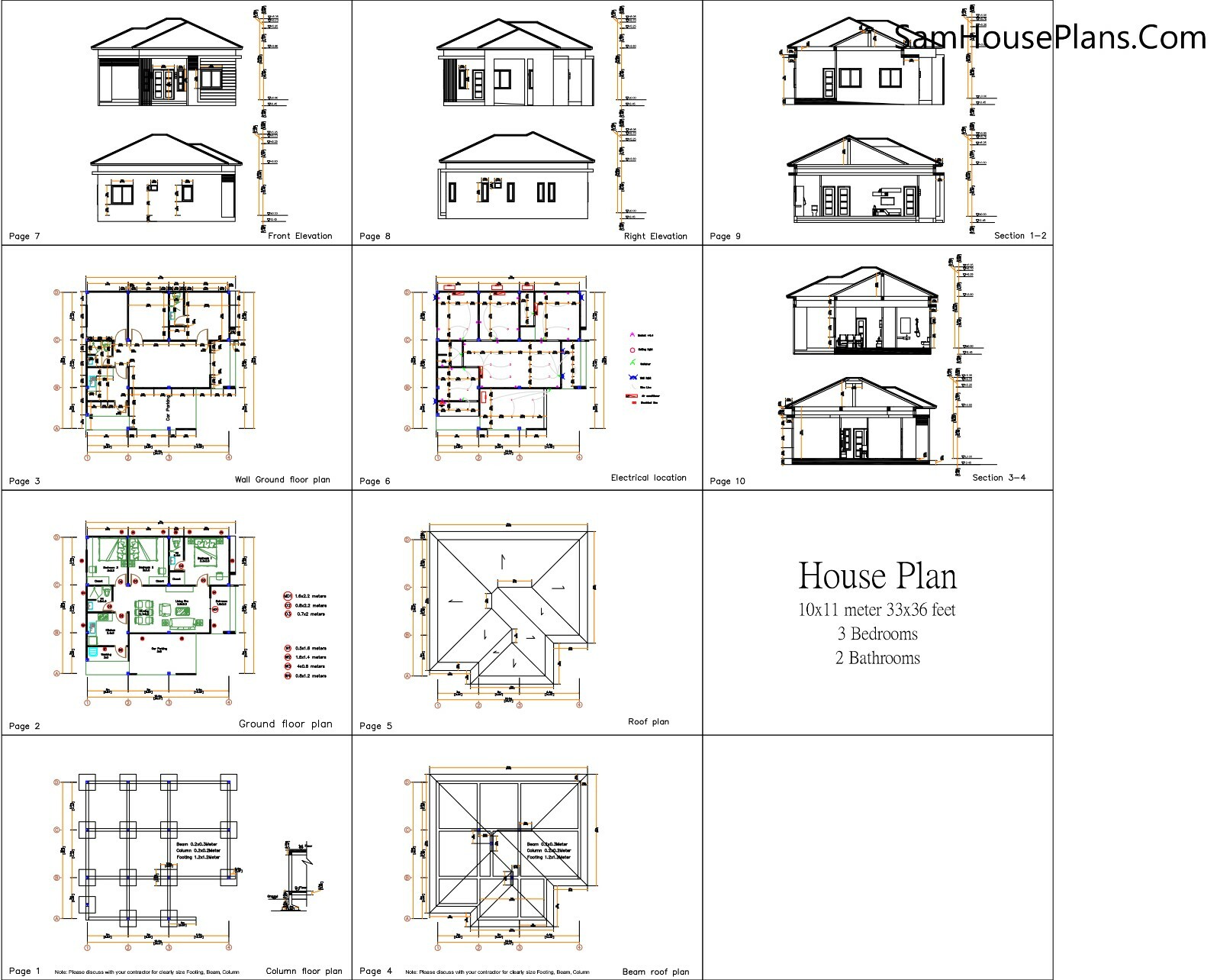 One Story House 10×11 Meter 33×36 Feet 3 Bedrooms Hip Roof PDF (A4 Hard Copy)