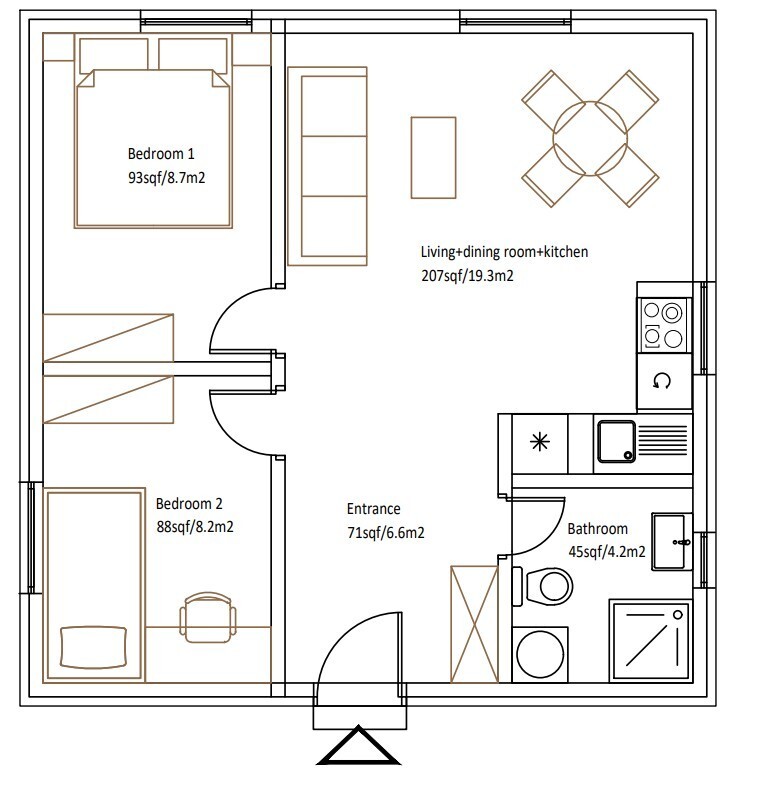 Modern Tiny House Floor Plan PDF + DWG– 2 Bedroom, 1 Bath – 506 sq ft / 47 m²