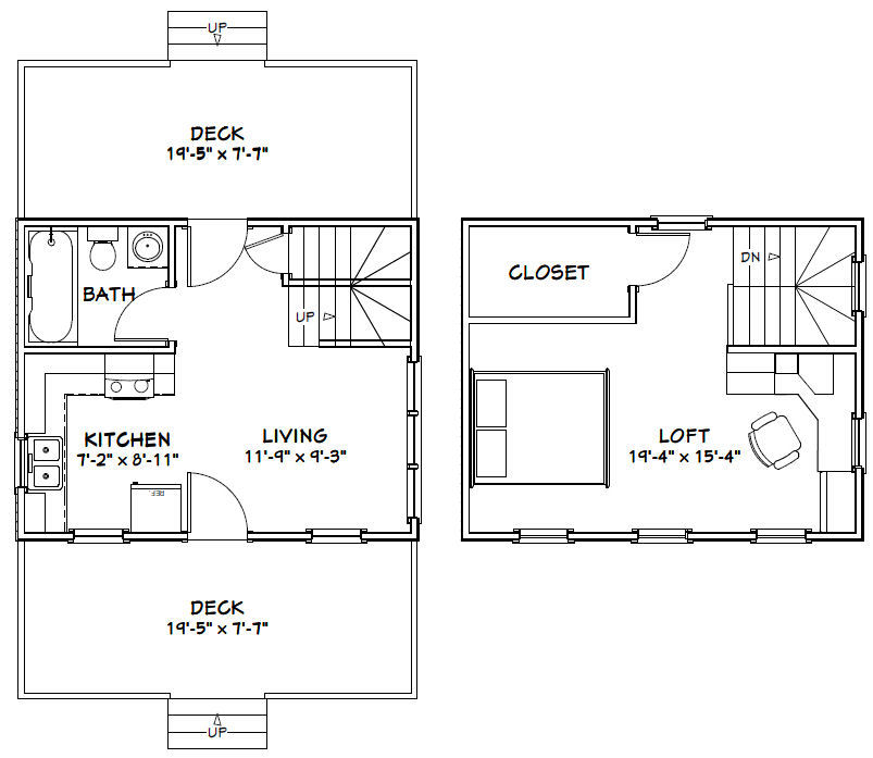 20×16 Tiny House — 584 sq ft — PDF Floor Plan — Model 16