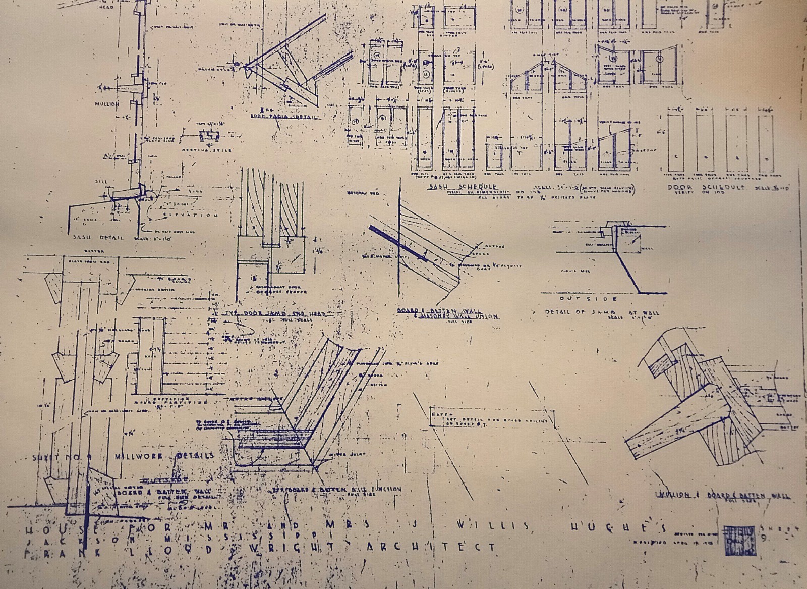 FRANK LLOYD WRIGHT: BLUELINE BUILDING PLANS FOR THE J. WILLIS HUGES RESIDENCE.