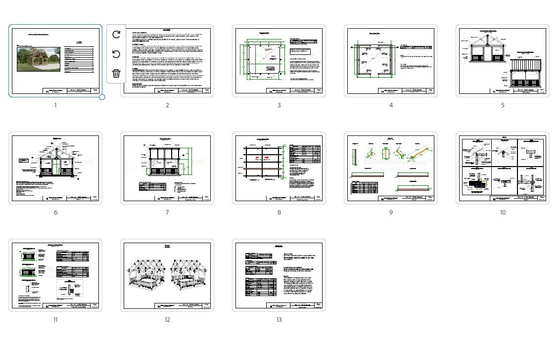 16’x14′ Picnic Shelter Plans, Garden Gazebo Building Blueprints