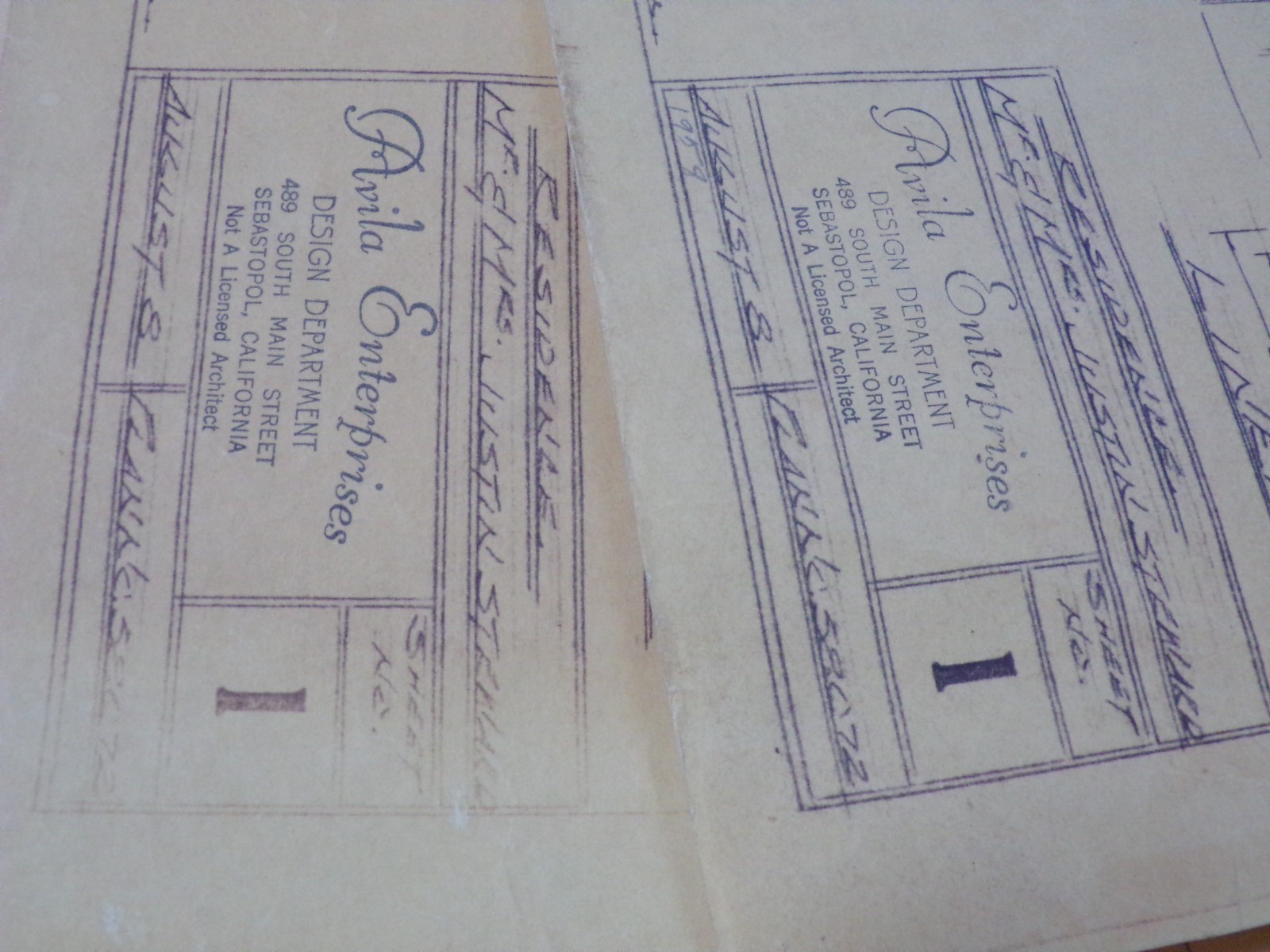 1958 AVILA ENTERPRISES SEBASTOPOL CA. HOUSE BLUEPRINTS 8 OLD PAPER EPHEMERA