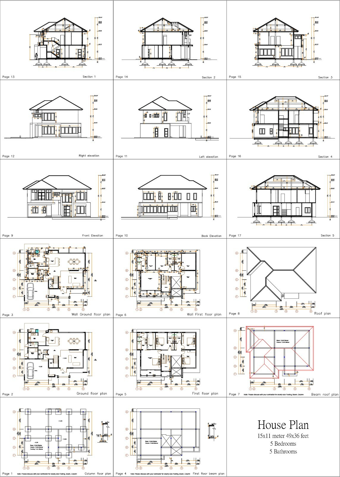 Custom House Plans 15×11 Meter 49×36 Feet 5 Beds 5 Baths Hip Roof (A4 Hard Copy)