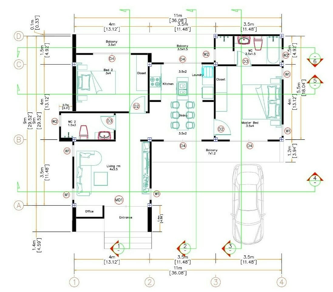 36×34 Feet Modern House Plan 11×10.5 Meter 2 Beds 2 Baths Gable (A4 Hard Copy)