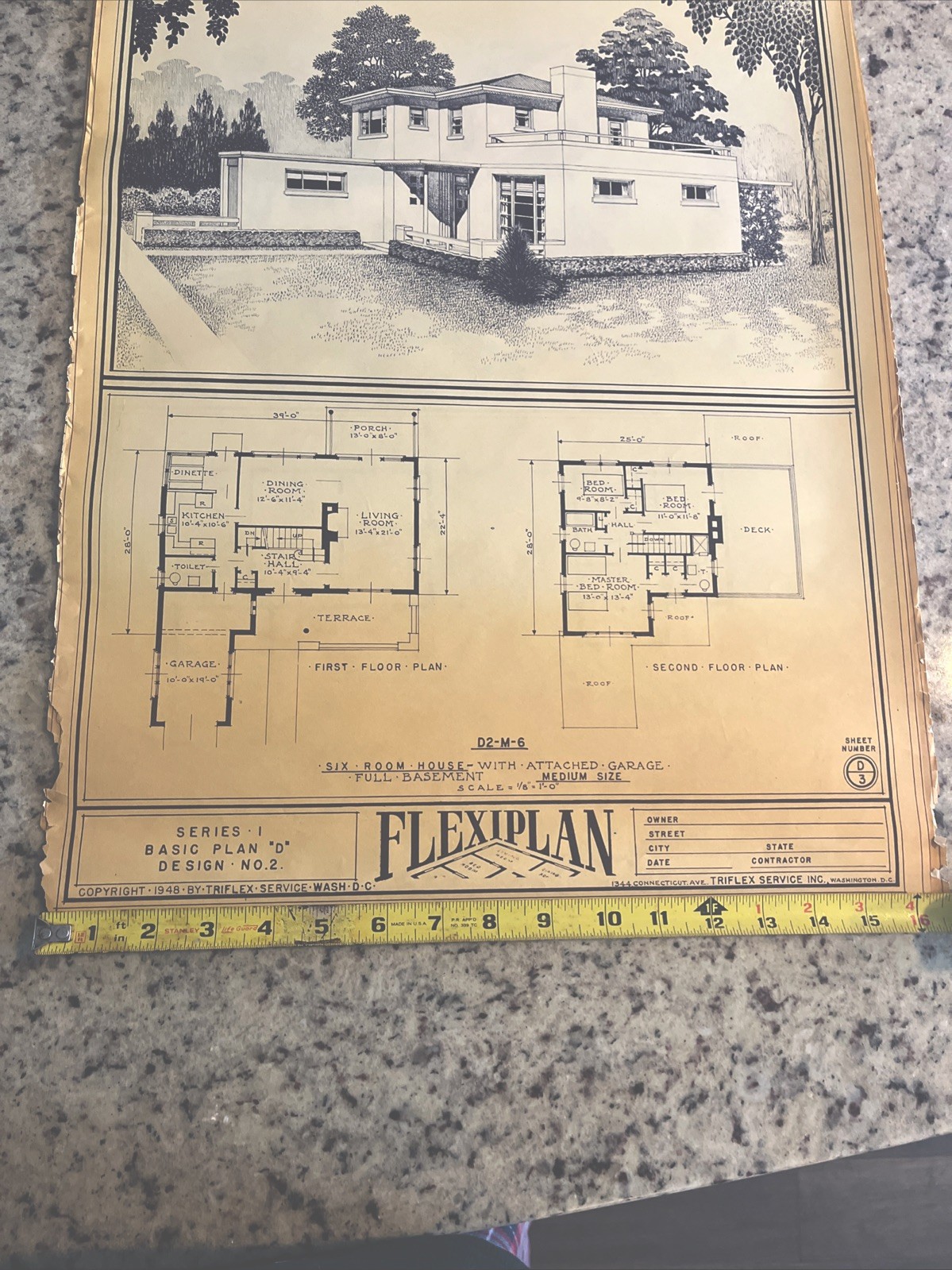 Vintage 1948 MCM Contemporary Home Blueprint Triflex Service Washington DC Plan