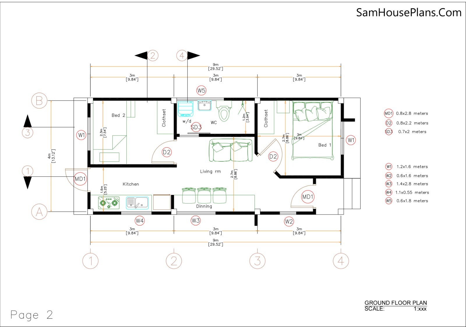 13×30 Small House Plans 4×9 Meter 2 Bed 1 Bath Gable Roof PDF & (A4 Hard Copy)