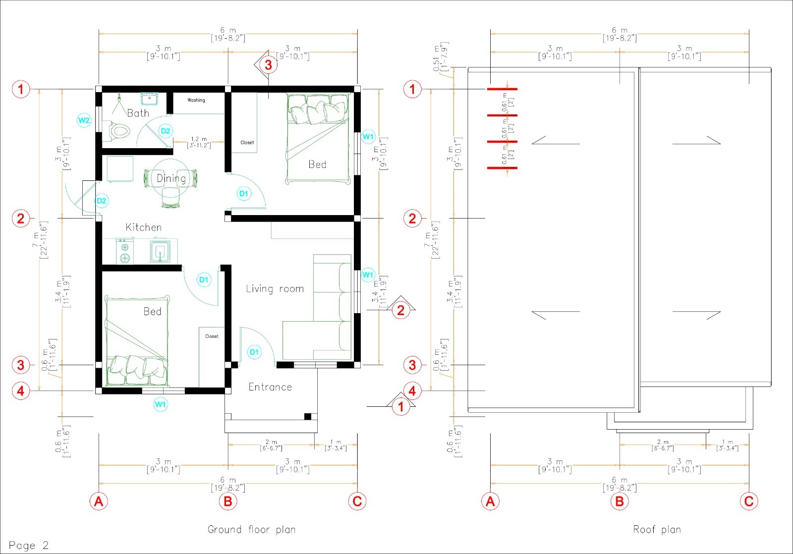 20×26 Ft Tiny House Design (6x7m) 2 Bed 1 Bath | 8.5×11 Printed & Shipped Plan