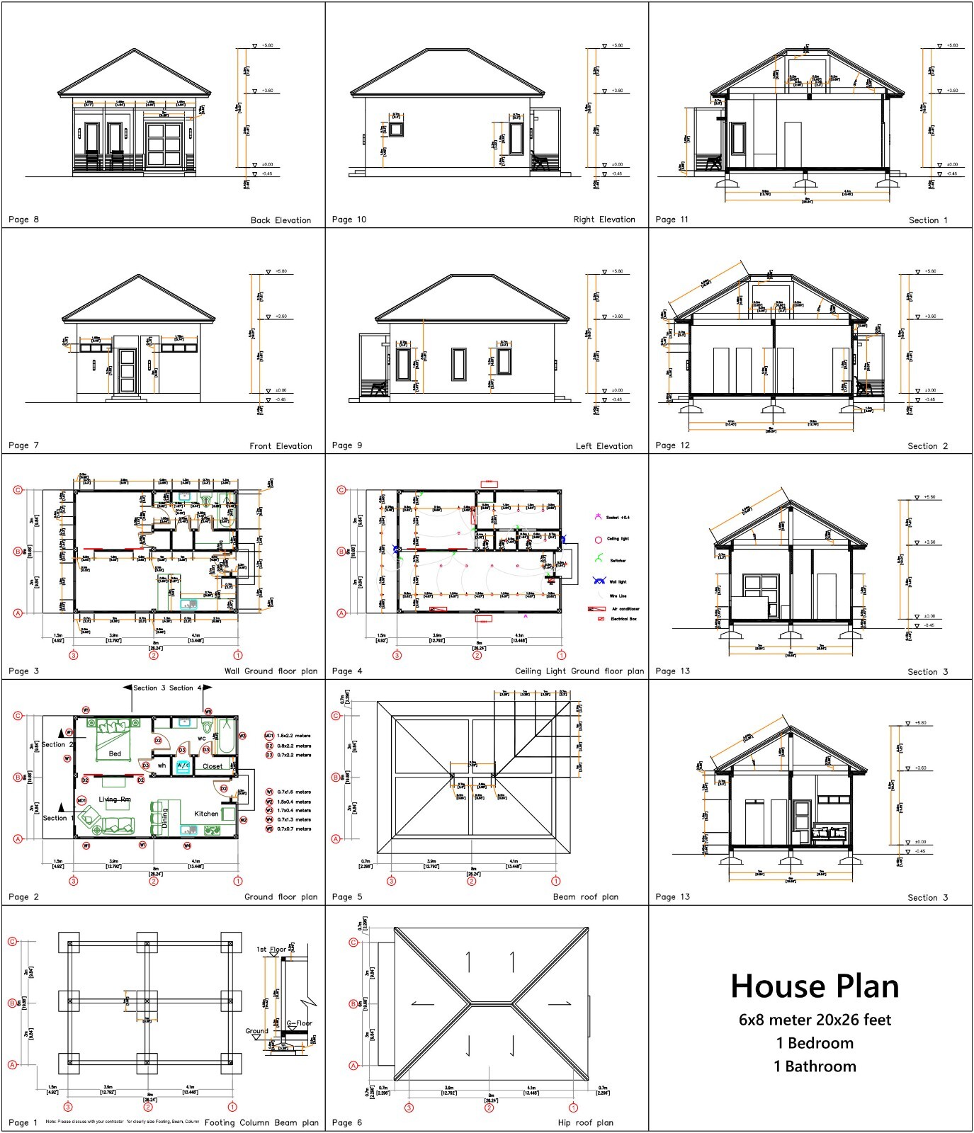 20×26 Feet Tiny House Plans 6×8 Meter 1 Bed 1 Bath Hip Roof (A4 Hard Copy)