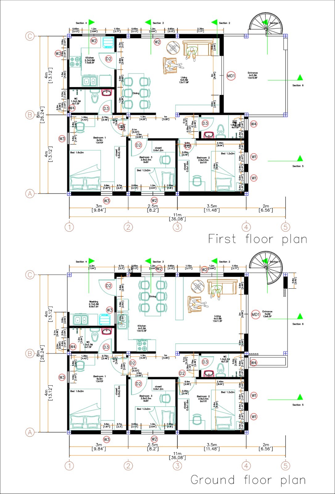 26×36 Feet House Plans 8×9 Meter 3 Bedrooms 2 Baths Terrace PDF (A4 Hard Copy)
