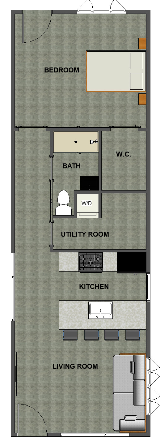 Modern Tiny House Floor Plan – Vaulted Ceiling, 1 Bedroom, 1 Bath with 572 sf.