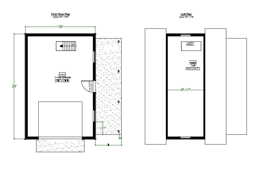 One Car Garage Plans with Loft & Covered Porch/Workshop Shed Blueprints