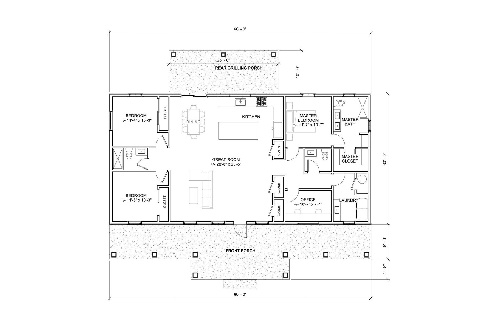 Homestead 3 bed 2.5 bath (60’x30′) 1800 SF Custom House Plans and Blueprints