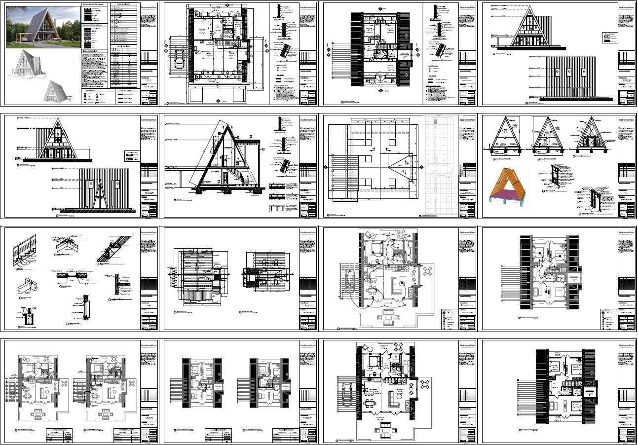45’x57’ 4 Beds, 2 Baths A-Frame Cabin Architectural Build Plans PDF.