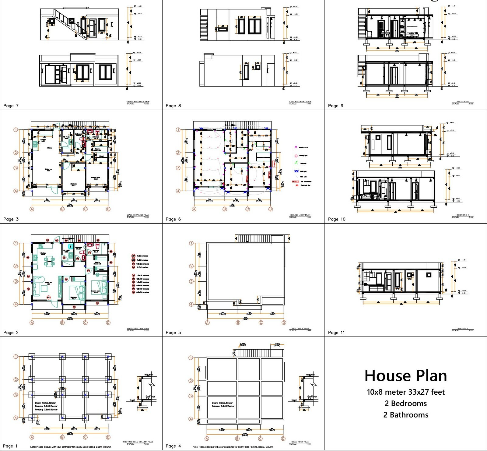 33×27 Feet Small House Design 10×8 Meter 2 Beds 2 Baths Terrace (A4 Hard Copy)