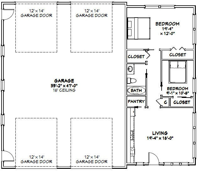 56×48 2 RV Garage – 2 Bedr 1 Bath – 2,649 sq ft – PDF Floor Plan – Model 1E