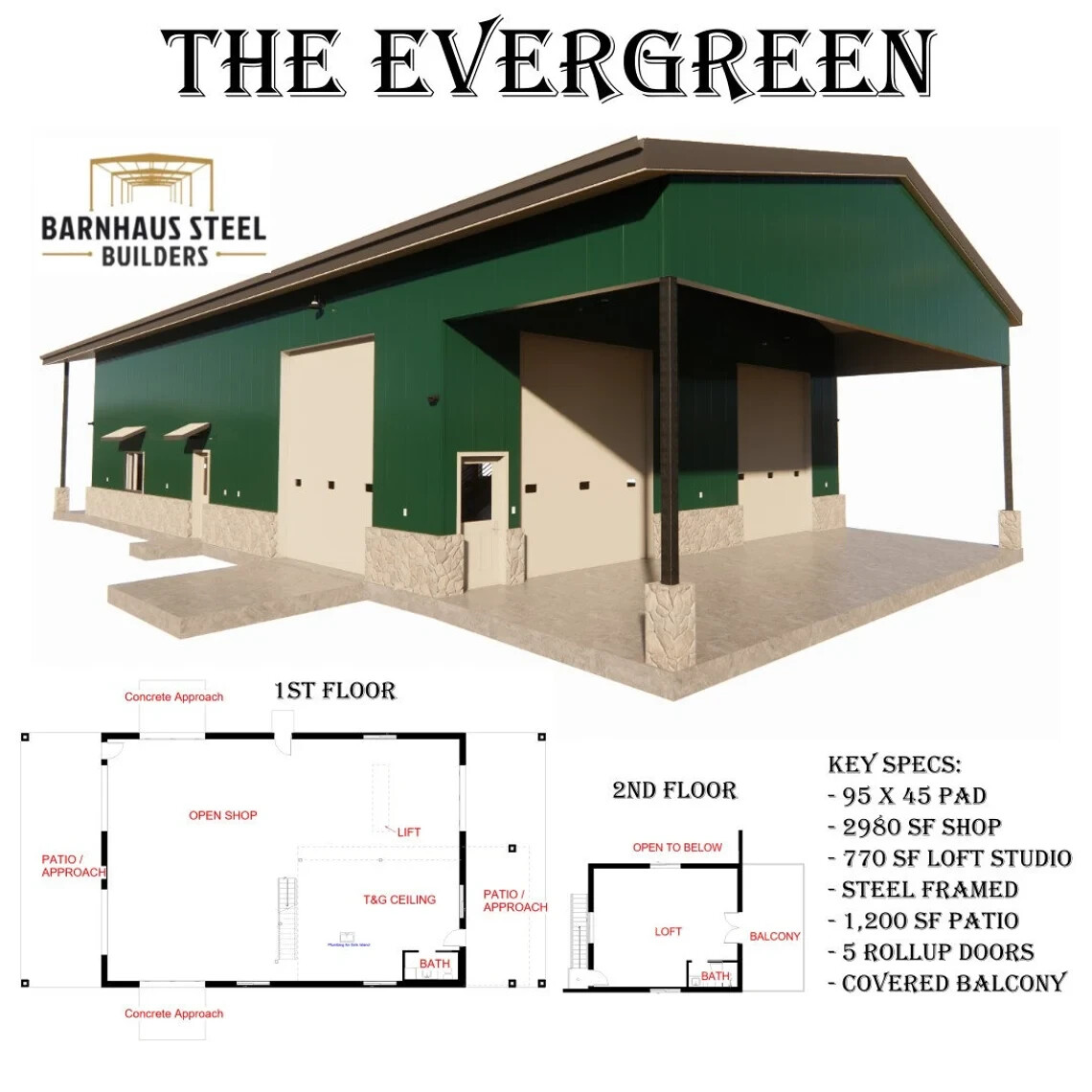 The Evergreen Barndominium Shop – 65 X 45 with Loft & 2 Baths Design Blueprints