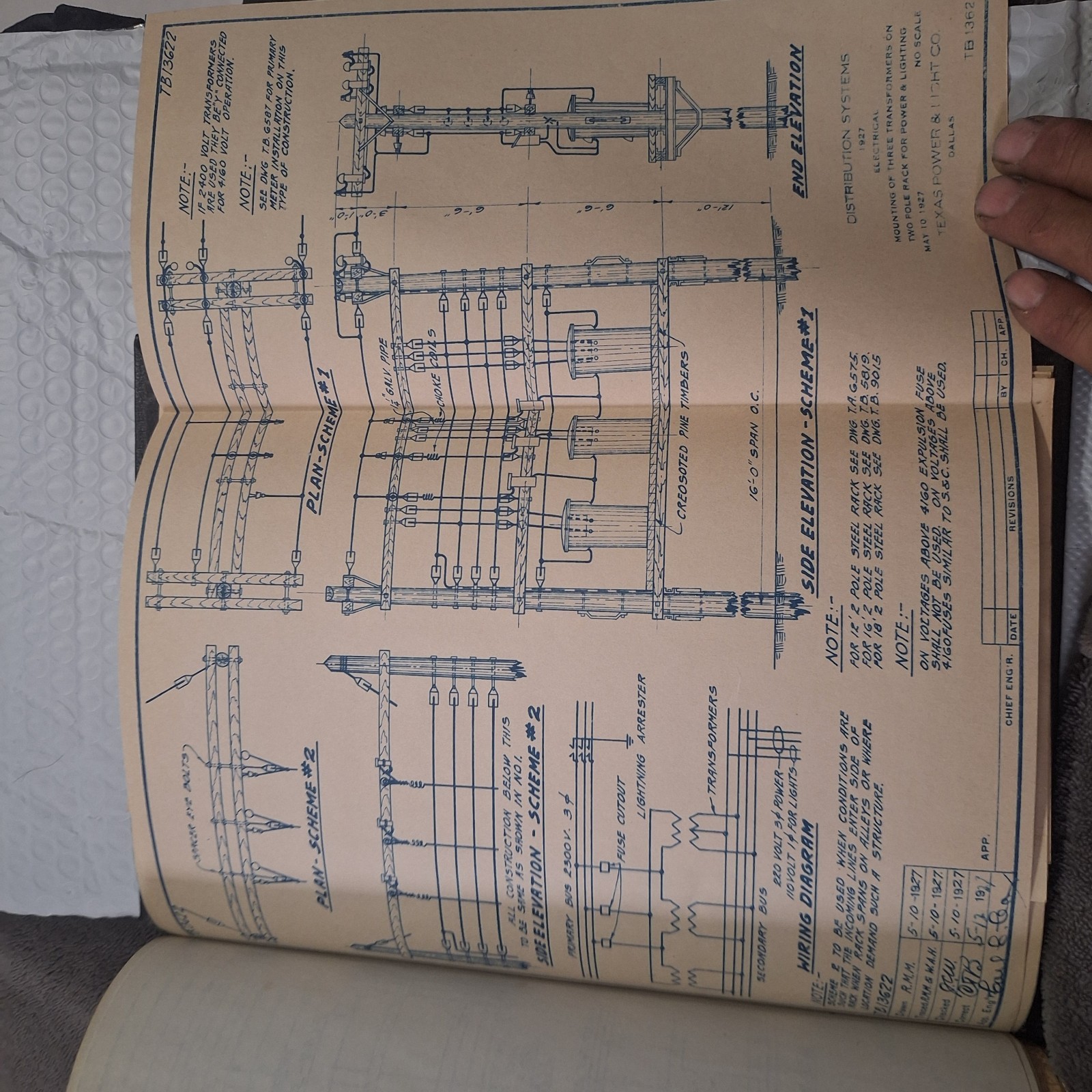 Texas Power & Light Co. Vintage 1927 Wood Pole Distribution Specs 13,000V