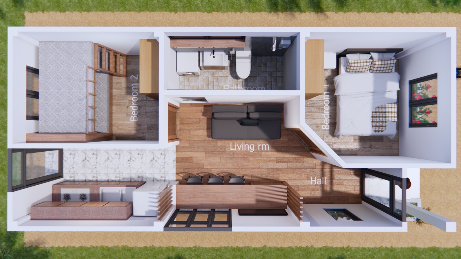 13×30 Small House Plans 4×9 Meter 2 Bed 1 Bath Gable Roof PDF & (A4 Hard Copy)