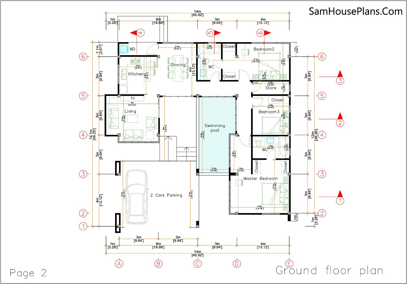 House Design with Pool 14×14 Meter 46×46 Feet 3 Beds 2 Baths Shed (A4 Hard Copy)