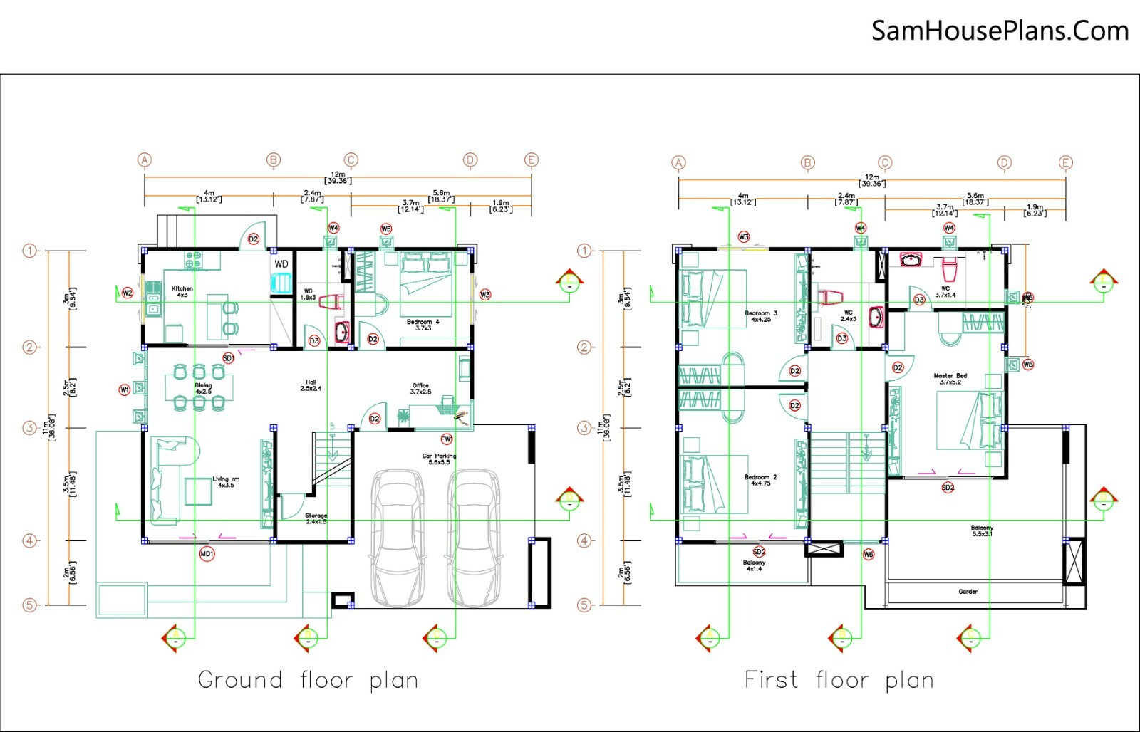 40×36 Feet House design Plans 12×11 Meter 4 Beds 3 Baths Hip Roof (A4 Hard Copy)