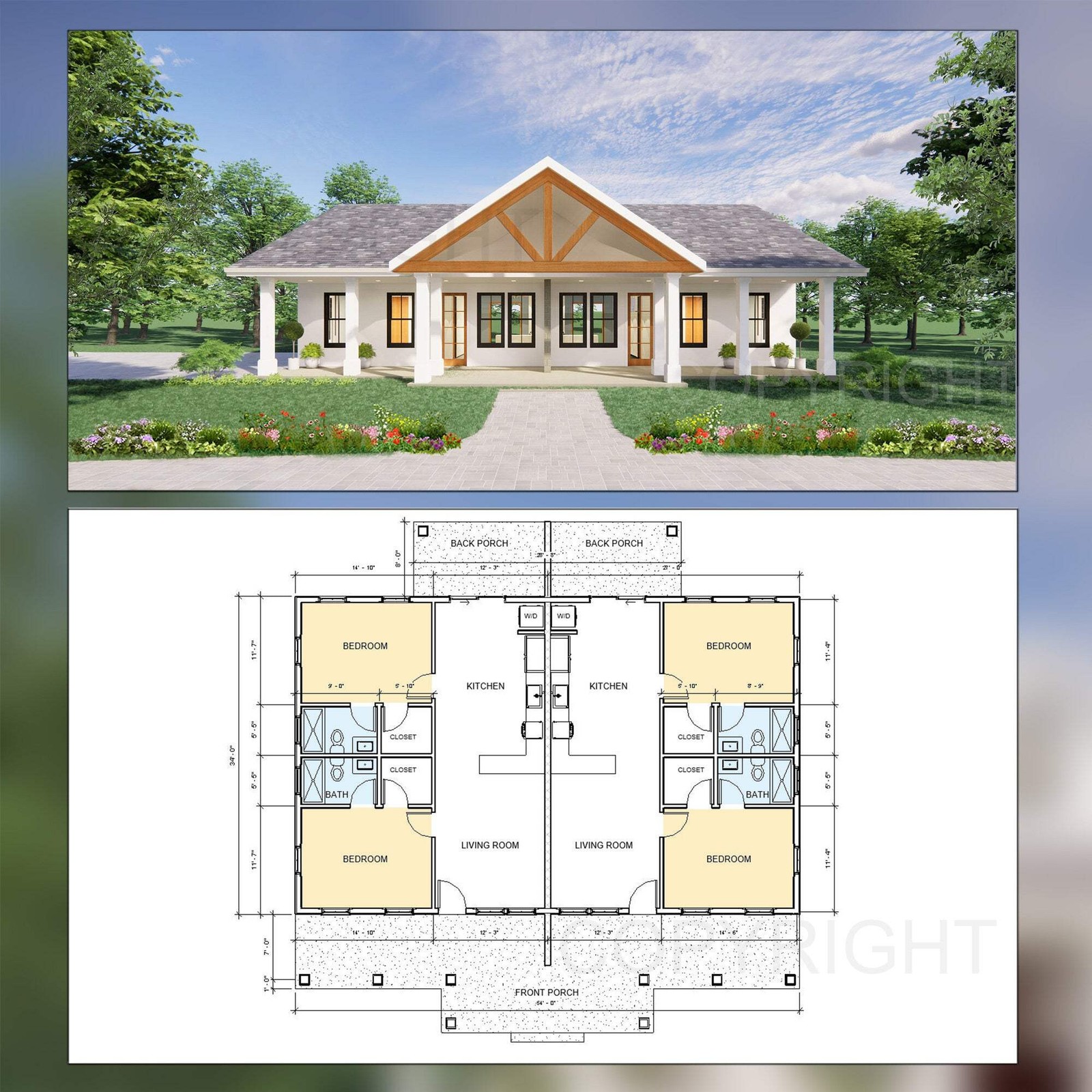 Gable Truss Duplex House Plan – 1820 SF – Modern Multifamily Investment Property
