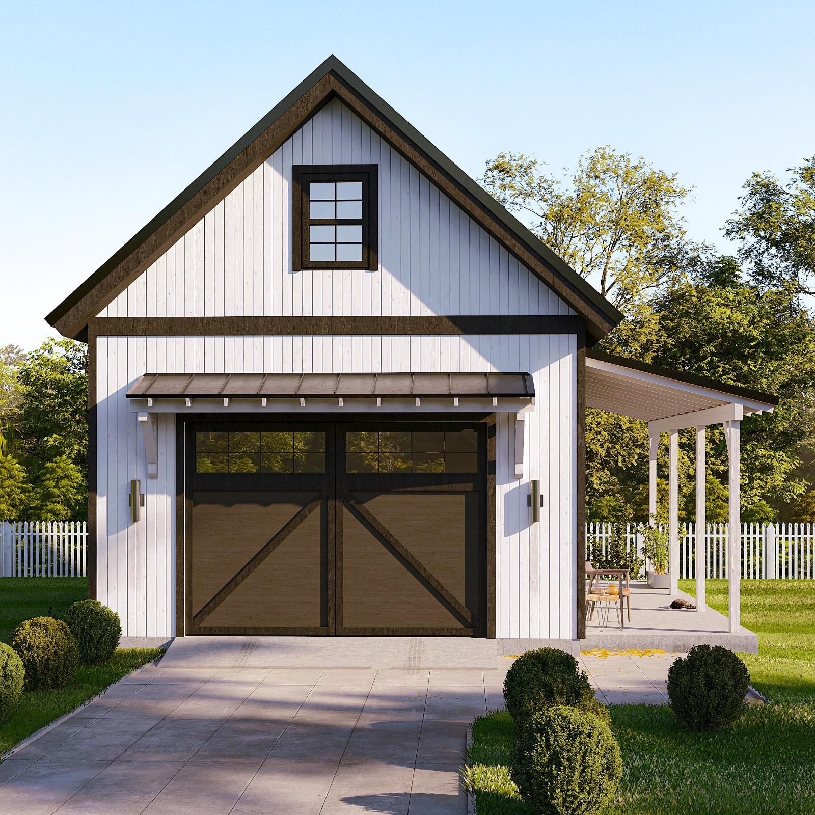 One Car Garage Plans with Loft & Covered Porch/Workshop Shed Blueprints