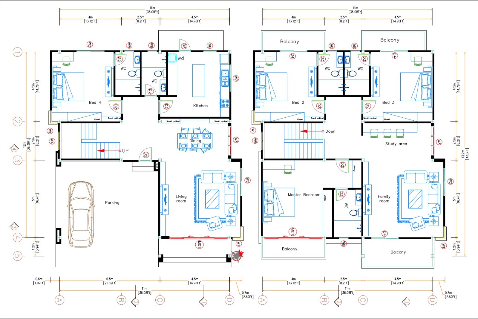 36×40 Feet House Design Plan 11×12 Meter 4 Beds 5 Baths Hip Roof (A4 Hard Copy)