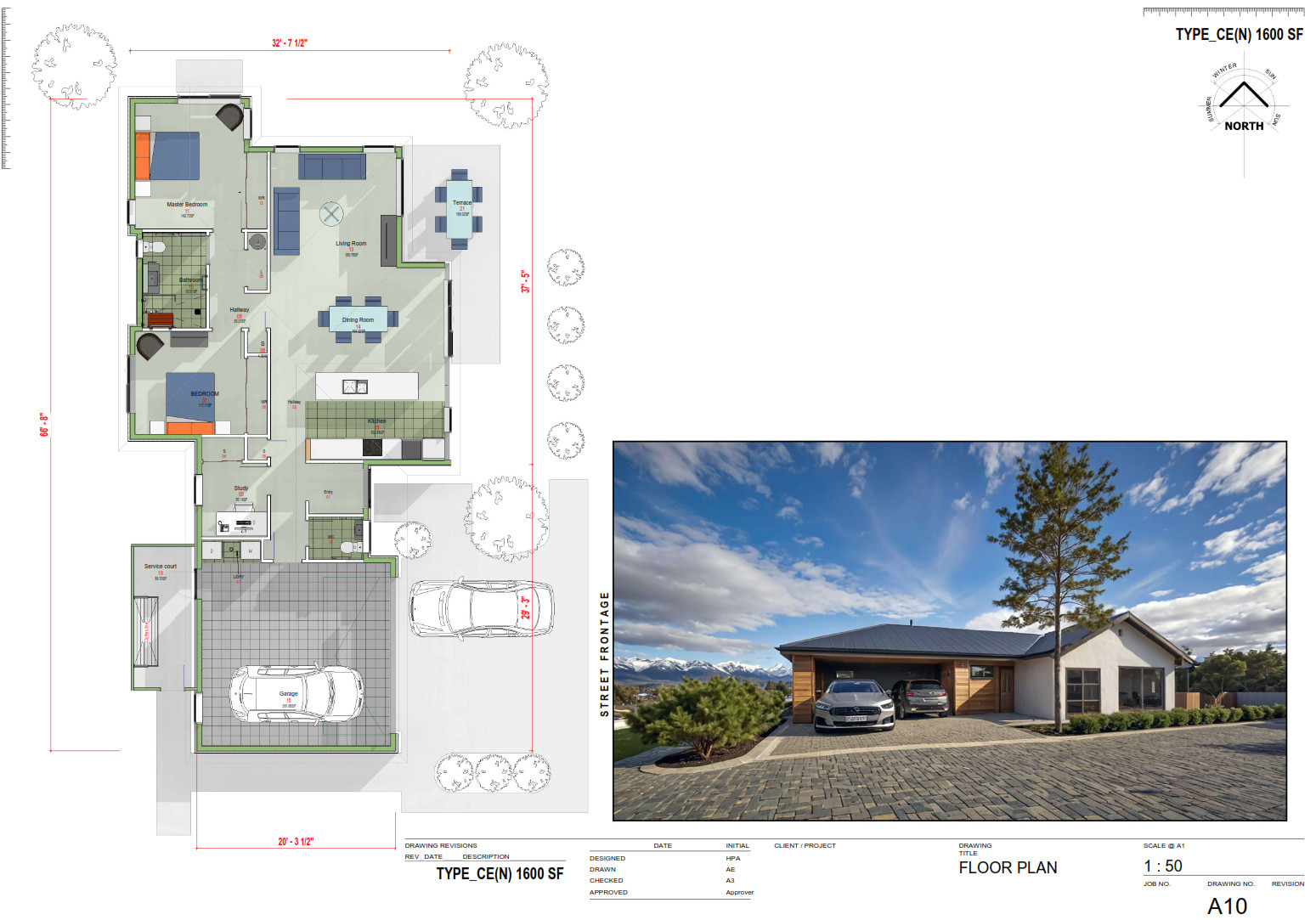 2 Bedroom, 1.5 Bath. 2 Car garage, (1600-SF) Concept house design: PDF DOWNLOAD
