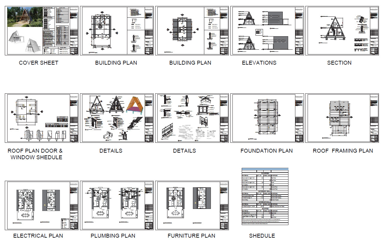 22’x38’ 2 Beds, 1 Bath Small A-Frame Cabin Architectural Build Plans PDF.
