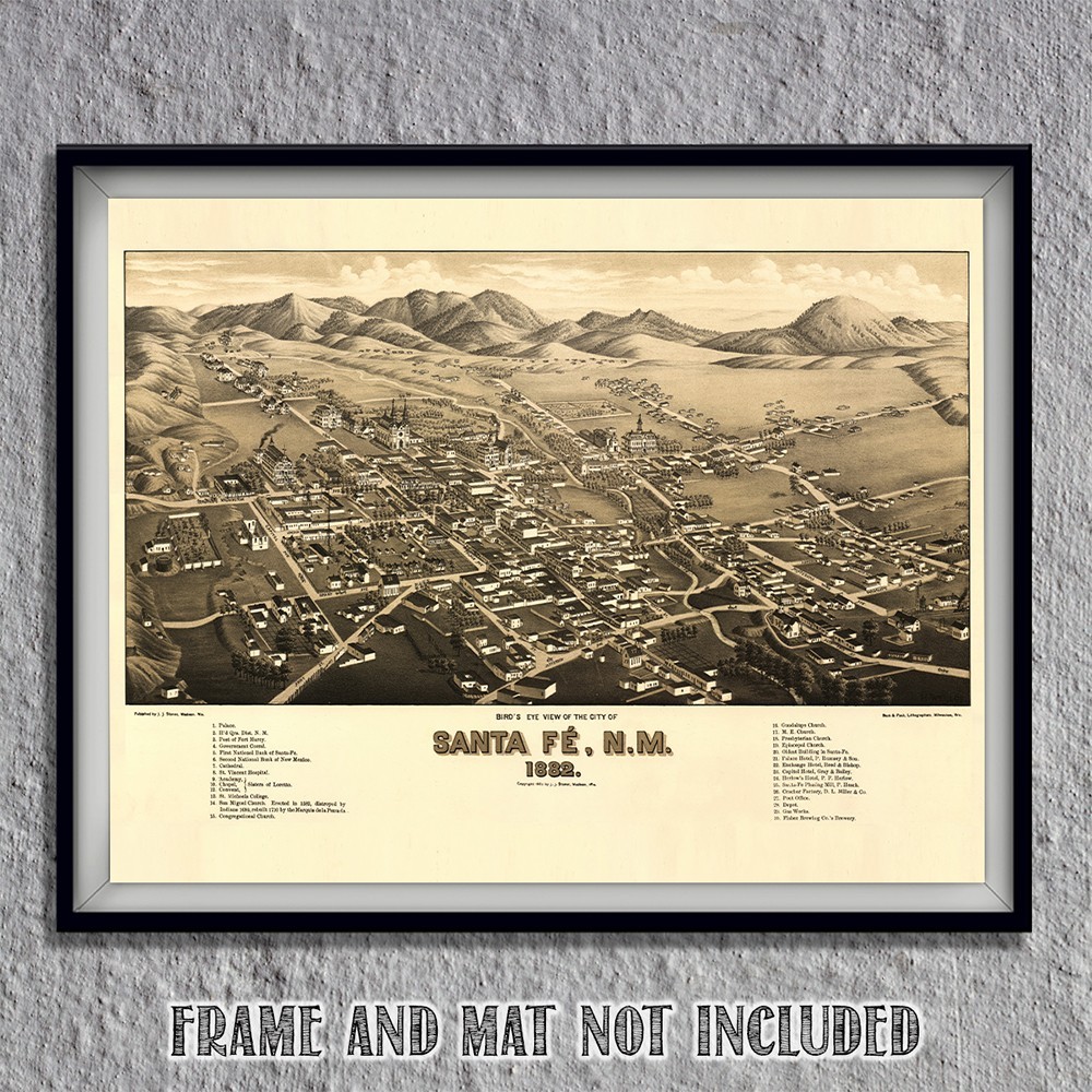 Santa Fe New Mexico 1882 Bird’s Eye View Historic City Map Vintage Wall Art