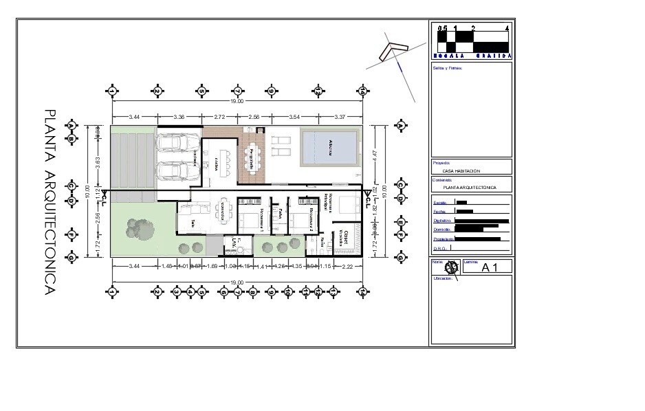 DISEÑO MODERNO DE PLANO DE CASA DE 1 NIVEL 10 x 19 mts DE 3 RECAMARAS