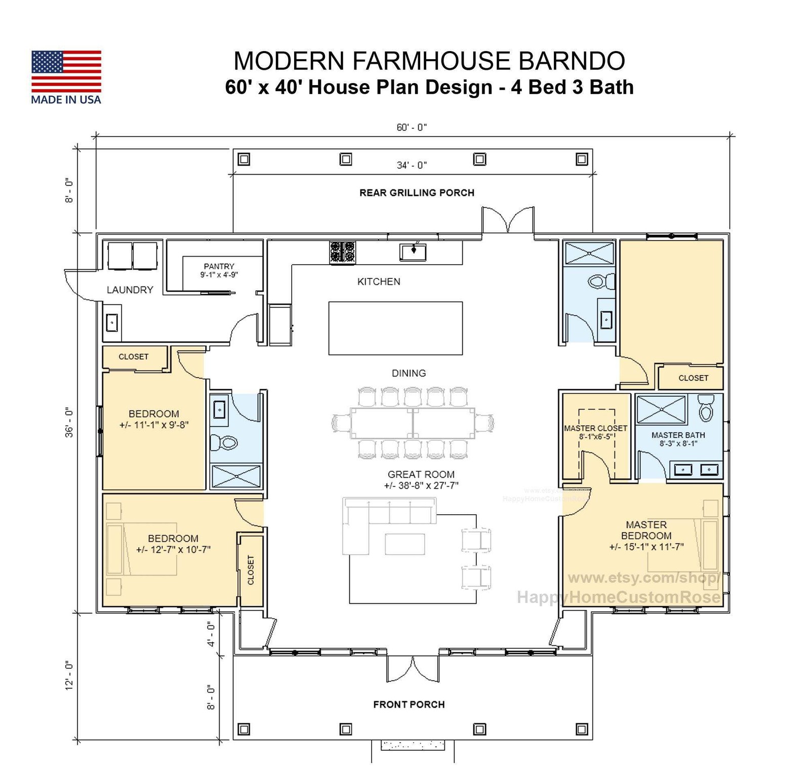 Ashwood Farmhouse Barndominium House Plan – 60×40, 2296 SF, 4 Bed 3 Bath – Moder