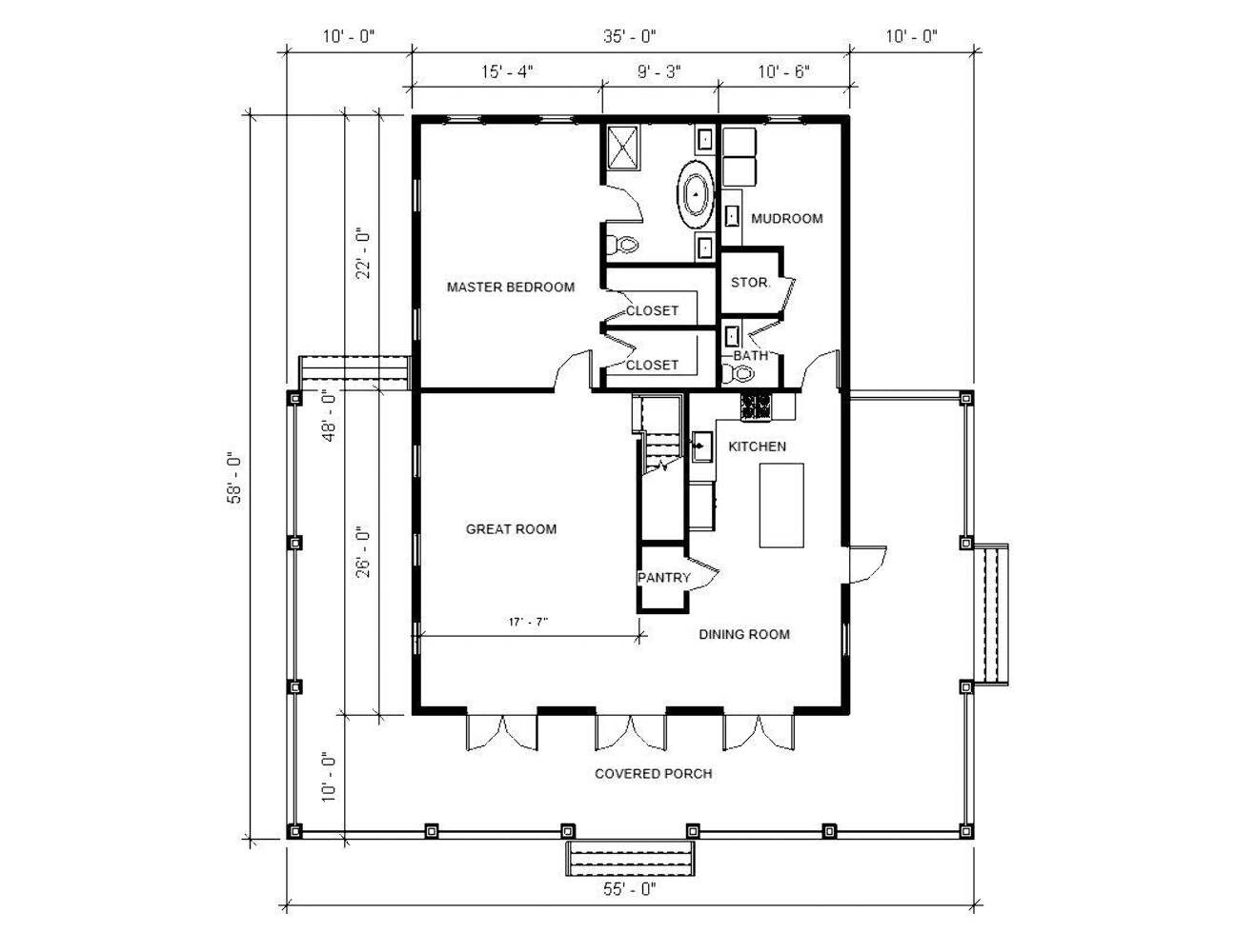 Old Southern Charm Farmhouse Plan 3 bed 3.5 bath (55’x58′) Custom House Plans an