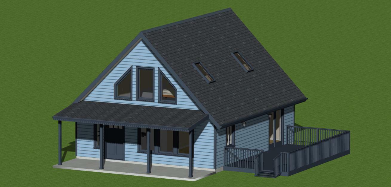 House Plans (1008 sq.ft.) with loft, three bedrooms, front porch, outdoor deck.