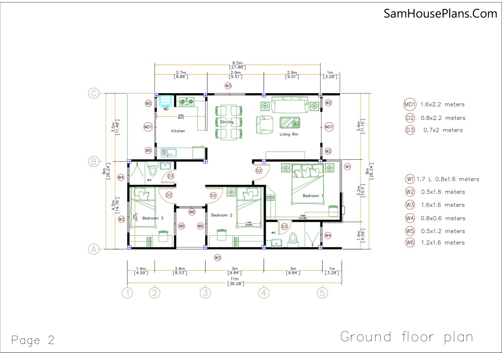 House Design Plan 8×11 Meter 26×36 Feet 3 Bedrooms Terrace Roof (A4 Hard Copy)