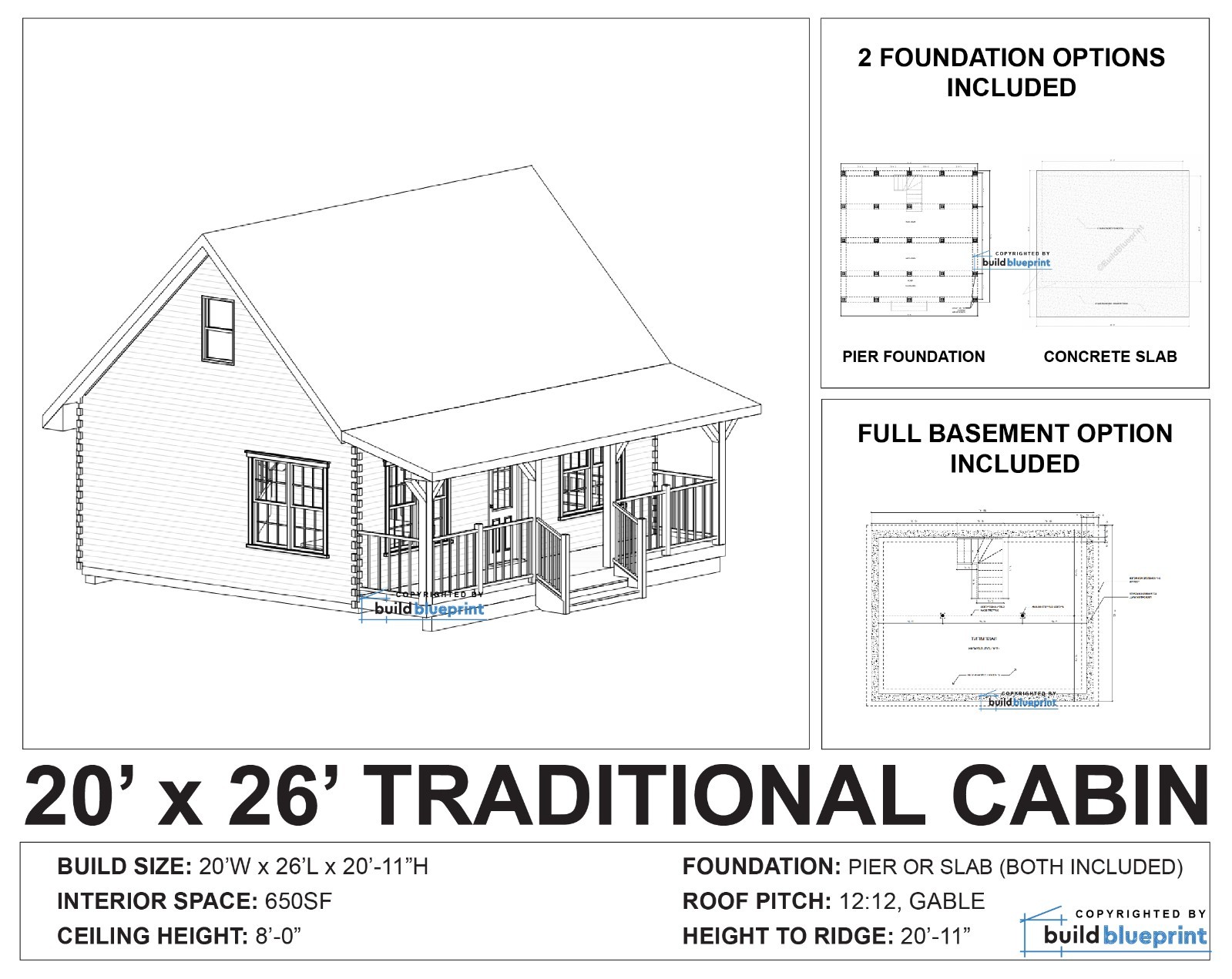 Traditional 2 Bedroom Cabin Architectural & Construction Plans – PDF Download
