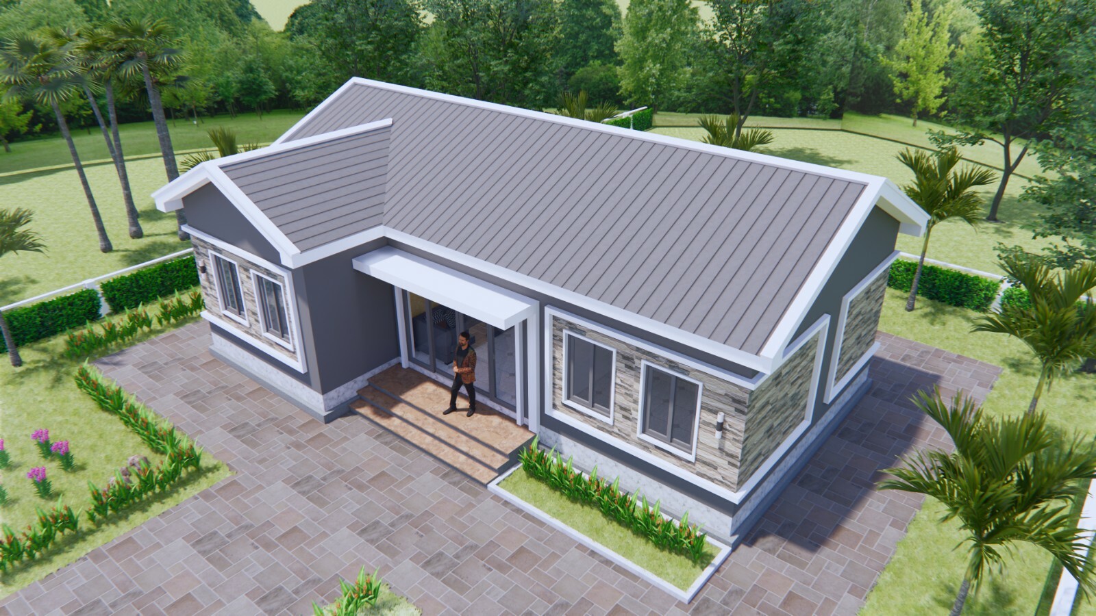 Bungalow House Plan 12×8 Meter 40×27 Feet 3 Beds 2 Baths Gable Roof A4 Hard Copy