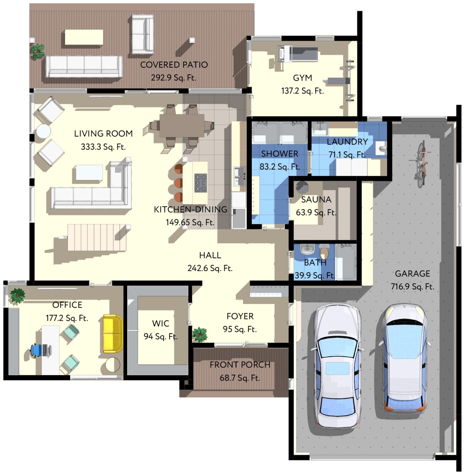 60’x60′ 3 Beds, 3.5 Baths Hi-tech Style Architectural Build Plans PDF.